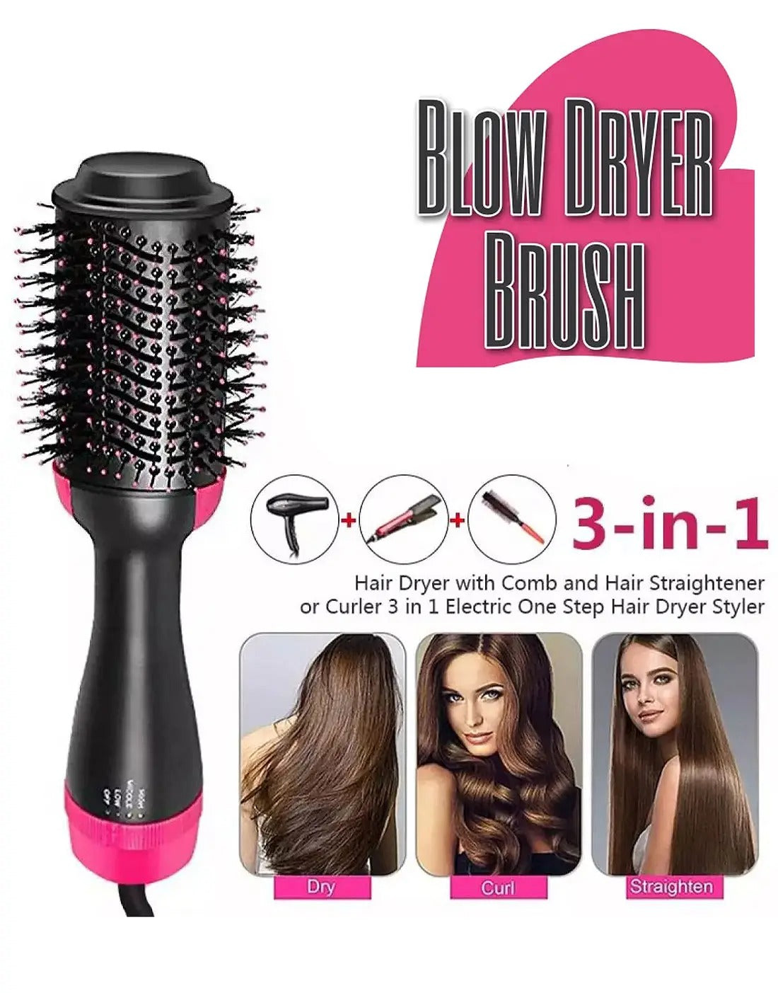 3 in 1 Hair Dryer Brush | Dry,  Straighten & Curl